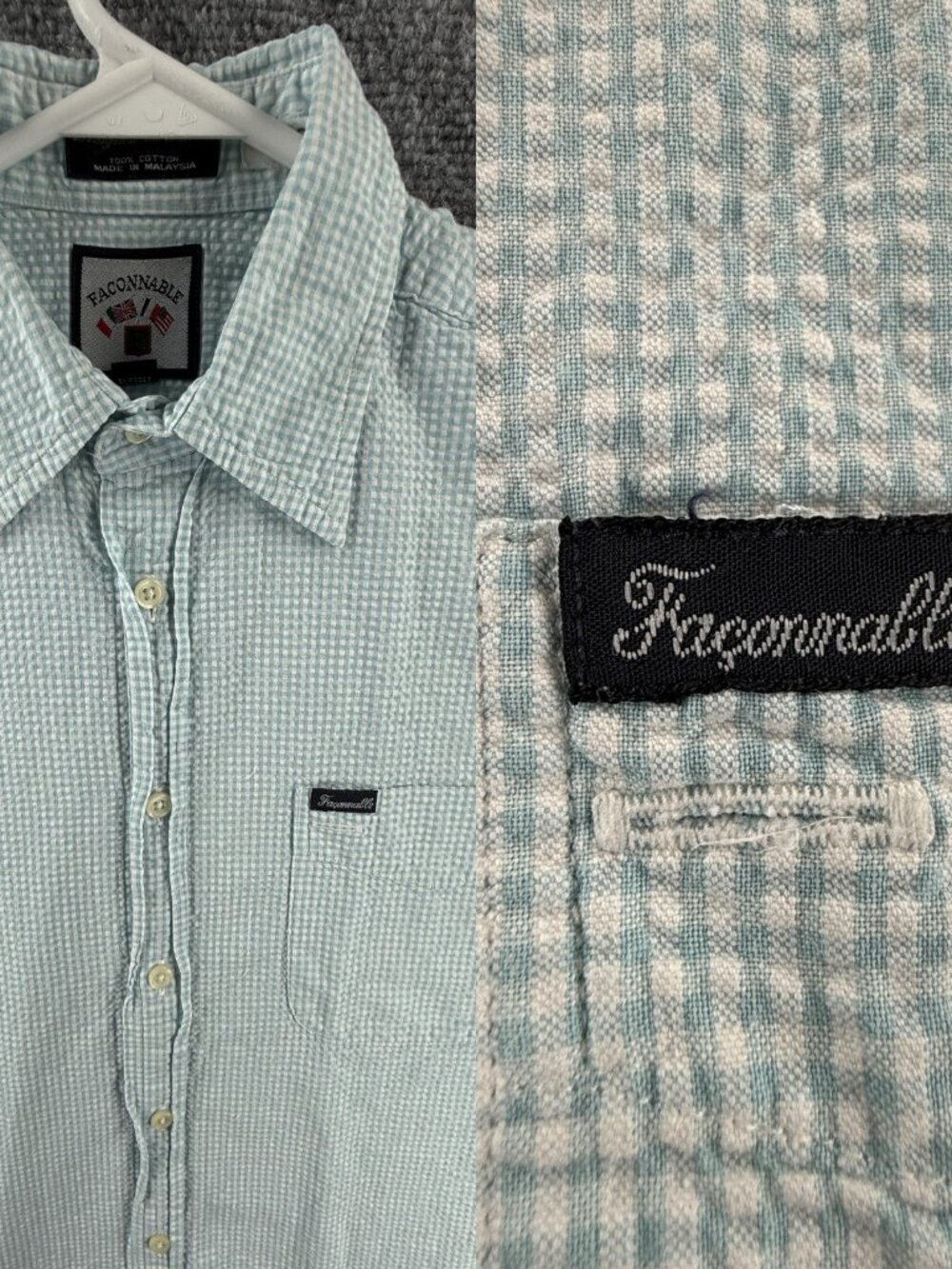 Faconnable Seersucker Cotton Medium Check Blue Men Pocket Button Up Shirt French